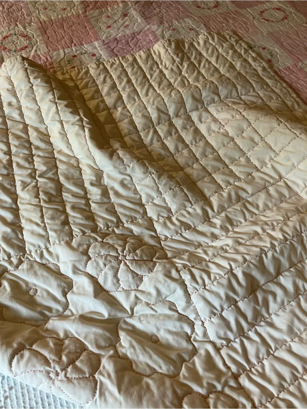 Hand sewn embroidered vintage quilt size full / queen